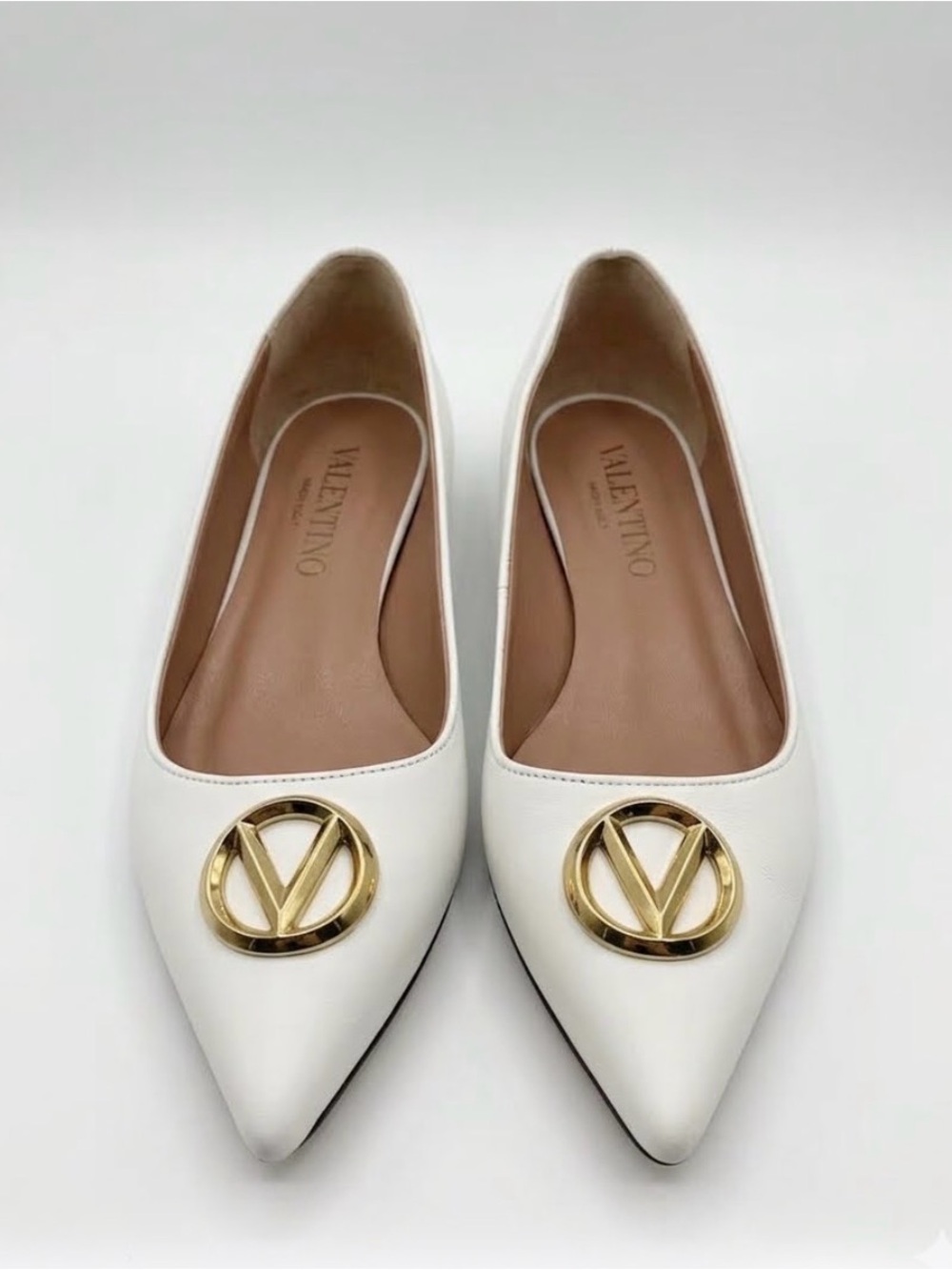 Valentino White Pointed Leather Pumps with Gold V-Logo